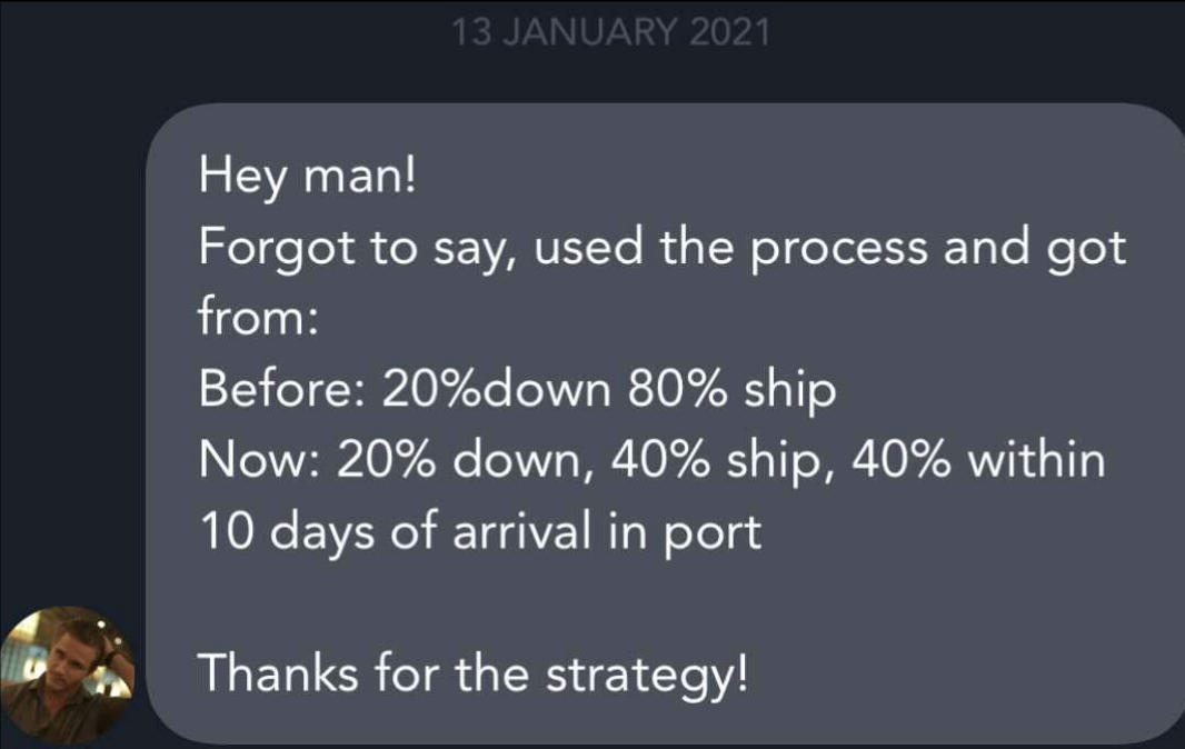 Before: 20% down, 80% ship. After: 20% down, 40% ship, 40% within 10 days of arrival