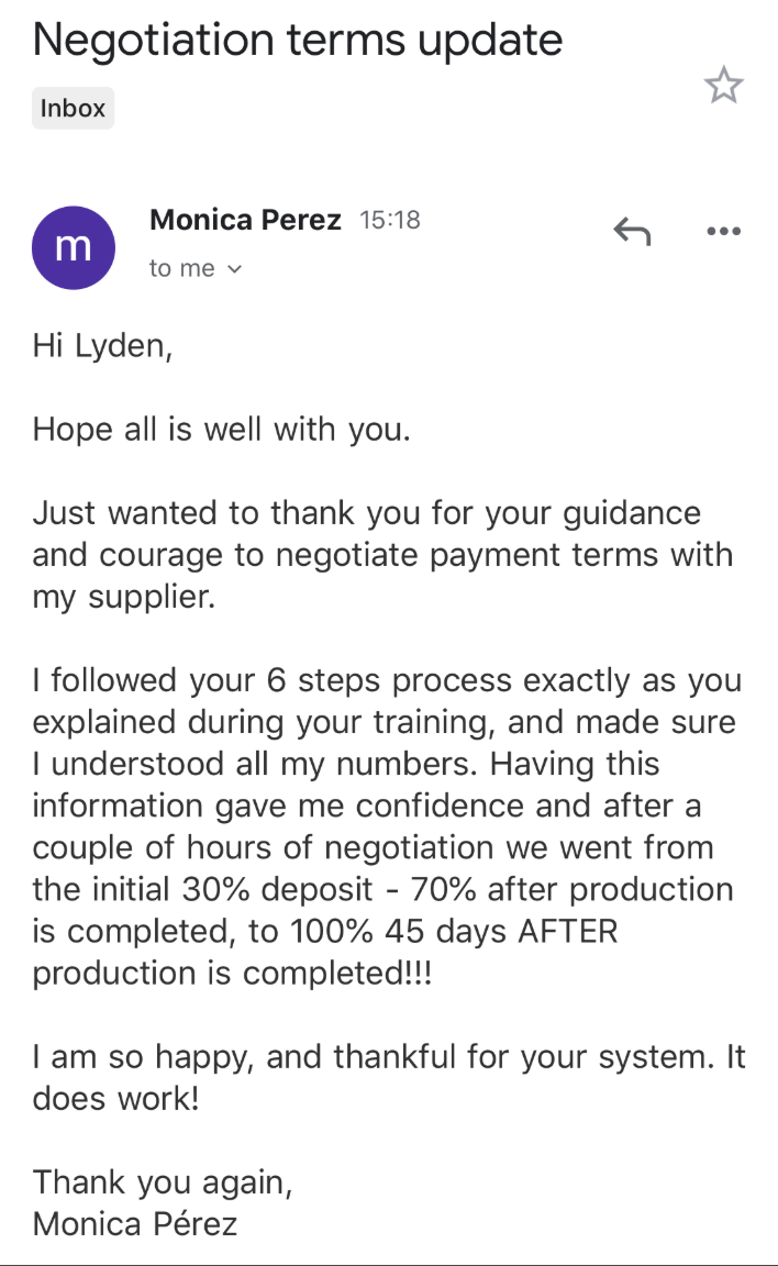 Monica Perez - Negotiated 100% 45 days after production using 6-step process
