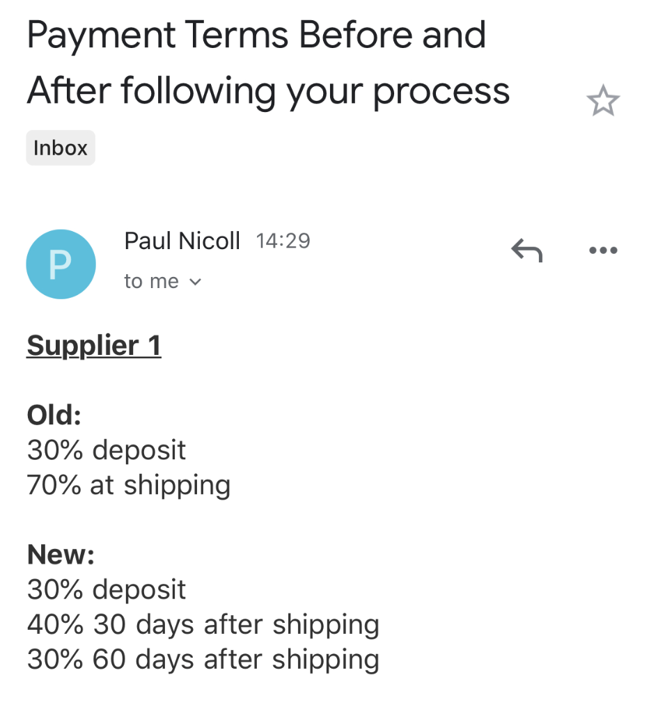 Paul Nicoll - Before: 30% deposit, 70% at shipping. After: 30/40/30 payment terms